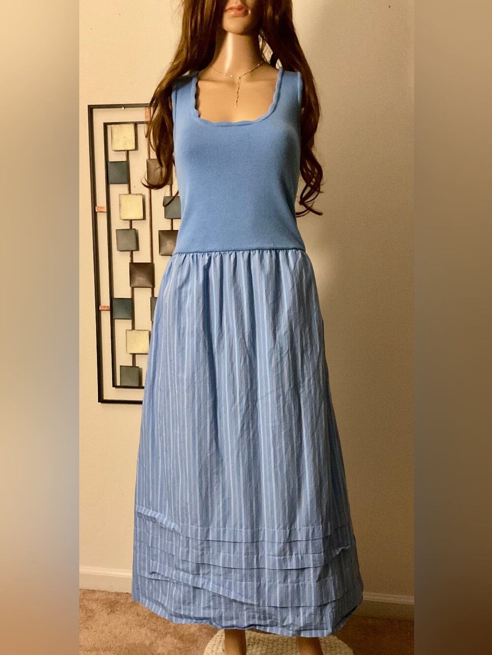 Pretty Blue Maxi Dress with Scalloped Square Neckline Nwot